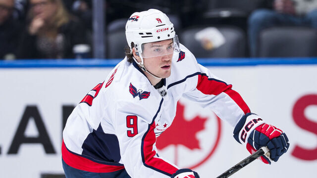TORONTO, CANADA - APRIL 8: Ryan Leonard #9 of the Washington Capitals skates against the Toronto Maple Leafs during the second period in their NHL game at Scotiabank Arena on April 8, 2026 in Toronto, Ontario, Canada.