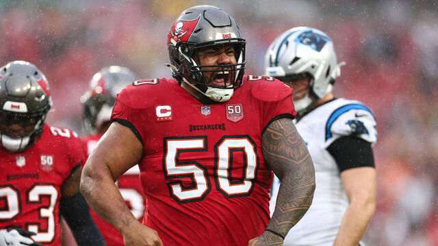 TAMPA, FLORIDA - JANUARY 3: Vita Vea #50 of the Tampa Bay Buccaneers celebrates during the first quarter against the Carolina Panthers at Raymond James Stadium on January 3, 2026 in Tampa, Florida.