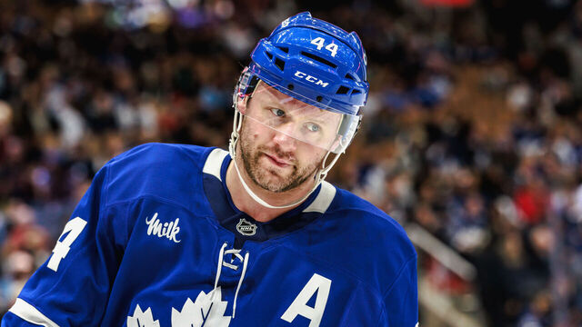 TORONTO, ON - APRIL 11: Toronto Maple Leafs defenseman Morgan Rielly (44) is seen during a break in the third period of an NHL game between the Florida Panthers and the Toronto Maple Leafs on April 11, 2026, at Scotiabank Arena in Toronto, ON.