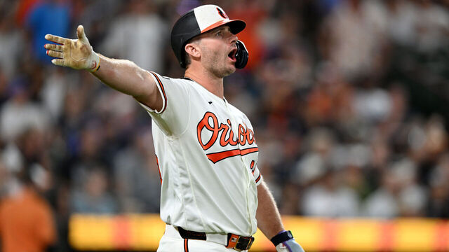 BALTIMORE, MARYLAND - AUGUST 19: Pete Alonso #25 of the Baltimore Orioles reacts during a review in the seventh inning against the New York Yankees at Oriole Park at Camden Yards on August 19, 2026 in Baltimore, Maryland. The review resulted in the play being a foul ball.