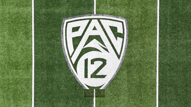 EUGENE, OREGON - JUNE 9: The Pac-12 Conference logo on the Autzen Stadium football field on the campus of the University of Oregon on June 9, 2024 in Eugene, Oregon