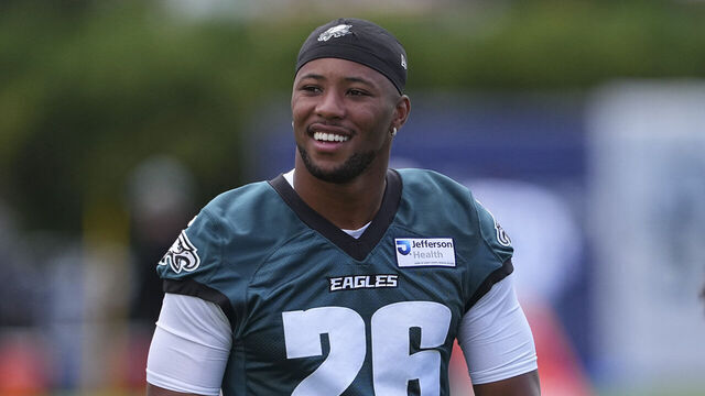 PHILADELPHIA, PENNSYLVANIA - JULY 30: Saquon Barkley #26 of the Philadelphia Eagles smiles during training camp at Jefferson Health Training Complex on July 30, 2026 in Philadelphia, Pennsylvania.