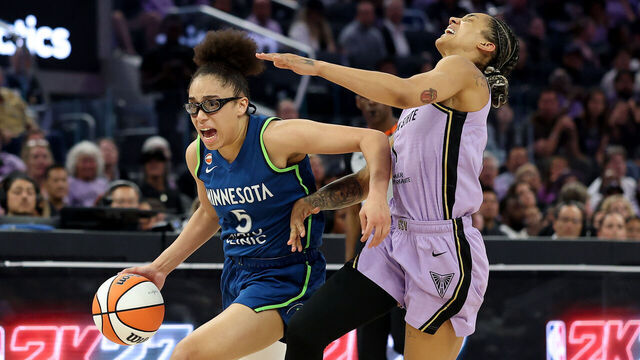 SAN FRANCISCO, CALIFORNIA - AUGUST 19: Olivia Miles #5 of the Minnesota Lynx is guarded by Gabby Williams #1 of the Golden State Valkyries during the second half at Chase Center on August 19, 2026 in San Francisco, California.