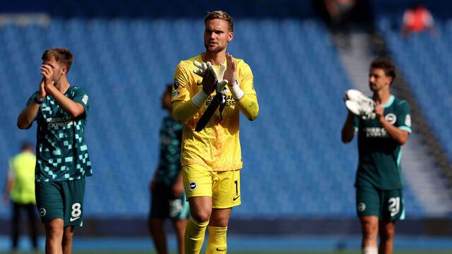 BRIGHTON, ENGLAND - AUGUST 15: Bart Verbruggen of Brighton and Hove Albion applauds the fans after the pre-season friendly match between Brighton & Hove Albion and Bologna at Amex Stadium on August 15, 2026 in Brighton, England.