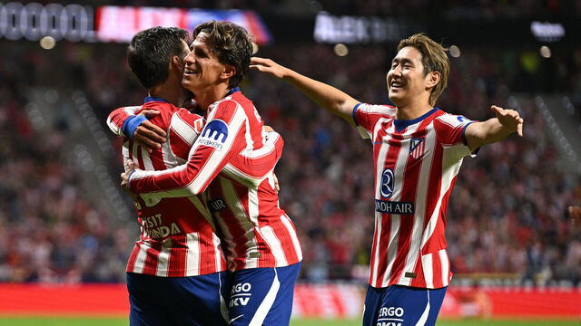 MADRID, SPAIN - AUGUST 19: Kang-in Lee (R) of Atletico Madridcelebrates with teammates Alex Baena (unseen) and Giuliano Simeone after Baena scored their team's second goal during the LaLiga EA Sports 2026/27 match between Atletico de Madrid and Malaga CF at Riyadh Air Metropolitano on August 19, 2026 in Madrid, Spain.