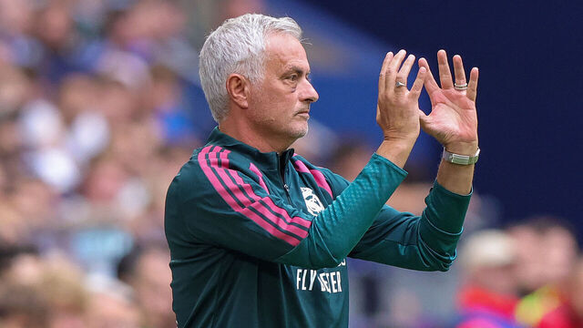GELSENKIRCHEN, GERMANY - AUGUST 16: Head coach Jose Mourinho of Real Madrid gestures during the Pre-Season Friendly match between FC Schalke 04 and Real Madrid at Veltins Arena on August 16, 2026 in Gelsenkirchen, Germany.