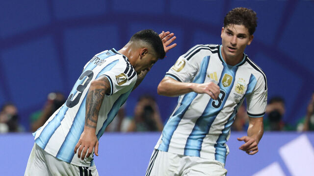 Argentina's defender #13 Cristian Romero celebrates with forward #09 Julian Alvarez after scoring his team's first goal during the 2026 World Cup round of 16 football match between Argentina and Egypt at Atlanta Stadium in Atlanta on July 7, 2026.