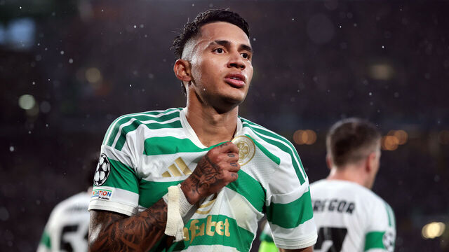 GLASGOW, SCOTLAND - AUGUST 19: Camilo Duran of Celtic celebrates scoring his team’s second goal during the UEFA Champions League 2026/27 play-offs first leg match between Celtic and LASK at Celtic Park on August 19, 2026 in Glasgow, Scotland.