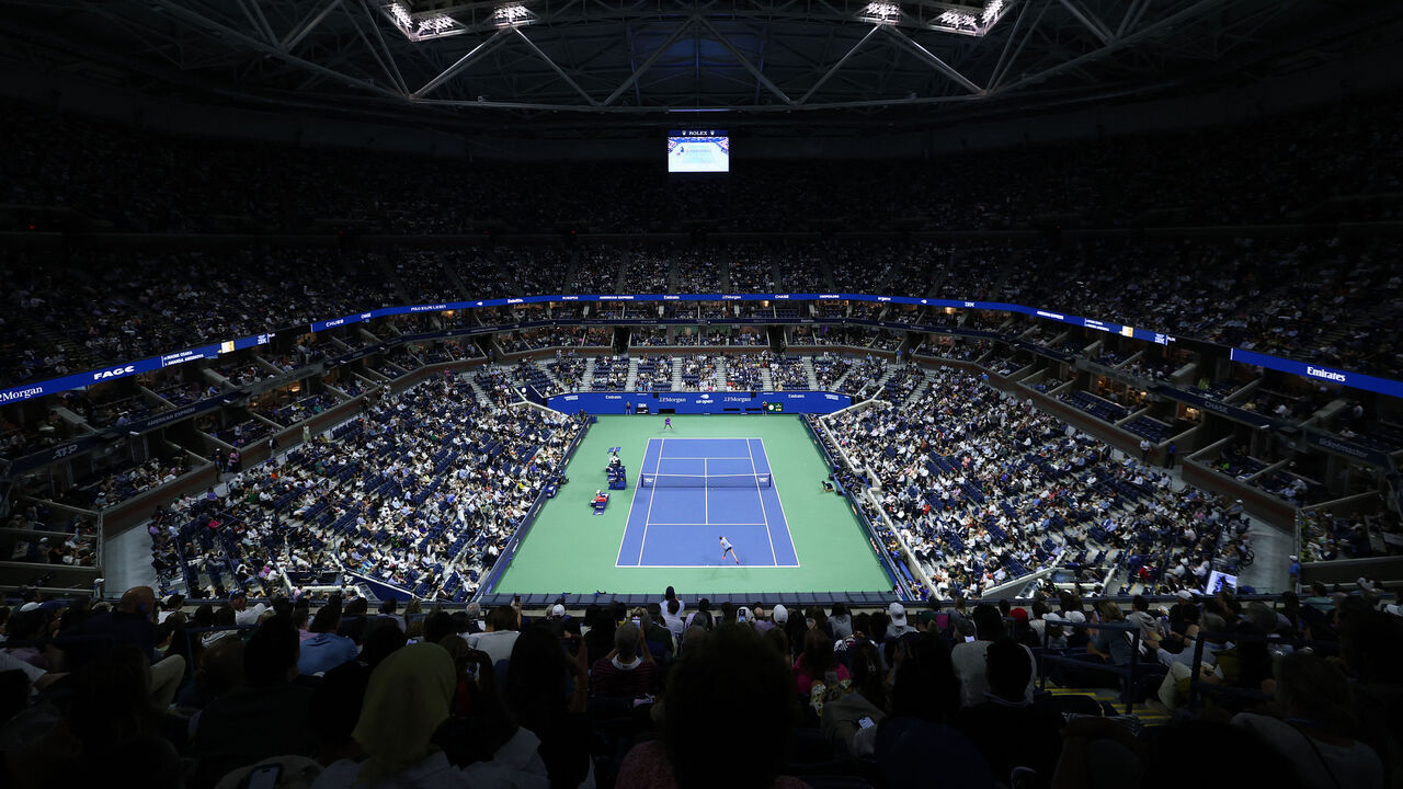 A general view shows Arthur Ashe Stadium during the women's singles semifinal tennis match between USA's Amanda Anisimova and Japan's Naomi Osaka on day twelve of the US Open tennis tournament at the USTA Billie Jean King National Tennis Center in New York City, on September 4, 2025.