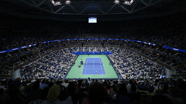 A general view shows Arthur Ashe Stadium during the women's singles semifinal tennis match between USA's Amanda Anisimova and Japan's Naomi Osaka on day twelve of the US Open tennis tournament at the USTA Billie Jean King National Tennis Center in New York City, on September 4, 2025.
