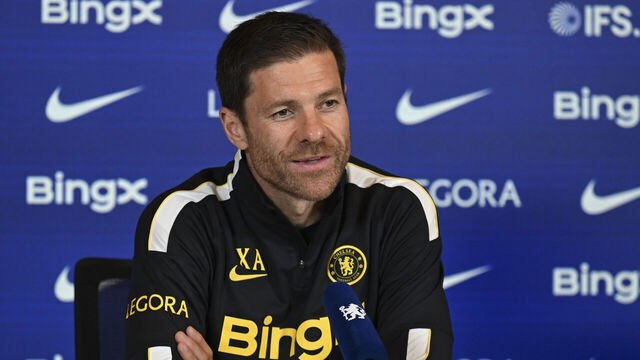 COBHAM, ENGLAND - AUGUST 20: Manager Xabi Alonso of Chelsea speaks during a press conference at Chelsea Training Ground on August 20, 2026 in Cobham, United Kingdom.