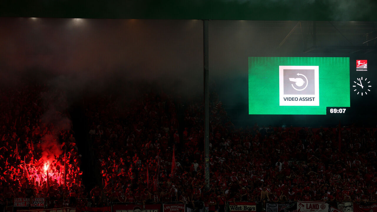 FUERTH, GERMANY - MAY 26: The LED screen displays a message from VAR resulting in a goal scored by Jaka Cuber Potocnik of Rot-Weiss Essen (not pictured) being ruled out for offside during the 2. Bundesliga Playoff Leg Two match between SpVgg Greuther Fürth and Rot-Weiss Essen at Sportpark Ronhof Thomas Sommer on May 26, 2026 in Fuerth, Germany.