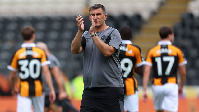 HULL, ENGLAND - AUGUST 15: Sergej Jakirovic,Head Coach of Hull City acknowledges the fans following the pre-season friendly match between Hull City and OGC Nice at MKM Stadium on August 15, 2026 in Hull, England.