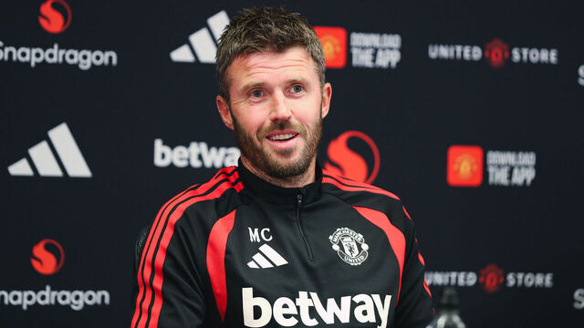 MANCHESTER, ENGLAND - AUGUST 20: Head Coach Michael Carrick of Manchester United speaks during a press conference at Carrington Training Ground on August 20, 2026 in Manchester, England.