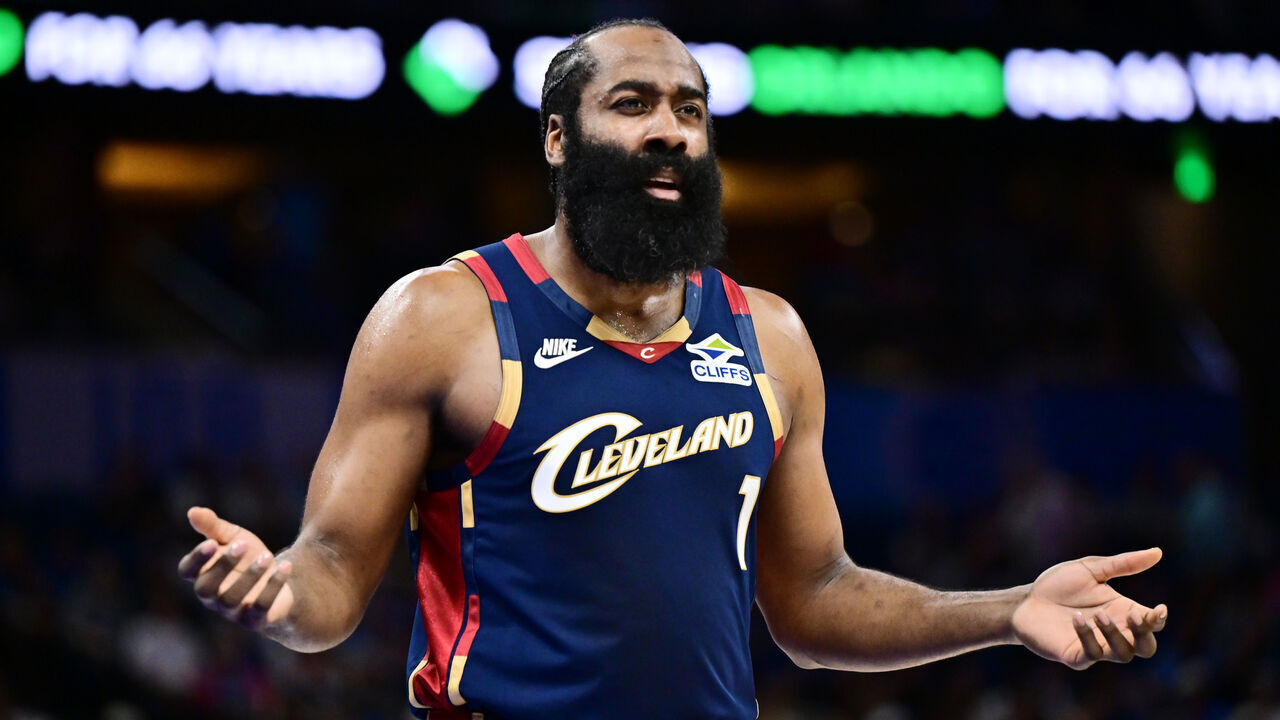 ORLANDO, FLORIDA - MARCH 11: James Harden #1 of the Cleveland Cavaliers reacts in the first half of the game against the Orlando Magic at Kia Center on March 11, 2026 in Orlando, Florida.