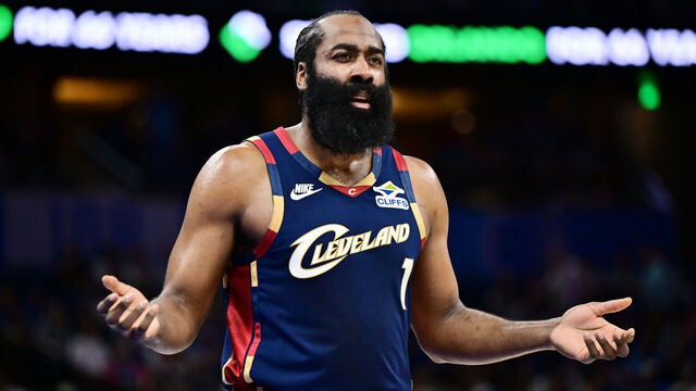 ORLANDO, FLORIDA - MARCH 11: James Harden #1 of the Cleveland Cavaliers reacts in the first half of the game against the Orlando Magic at Kia Center on March 11, 2026 in Orlando, Florida.