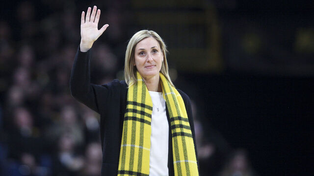 IOWA CITY, IOWA- JANUARY 20: Newly appointed Iowa Athletics Director Beth Goetz was introduced to the crowd during the match-up between the Purdue Boilermakers and the Iowa Hawkeyes at Carver-Hawkeye Arena on January 20, 2024 in Iowa City, Iowa.