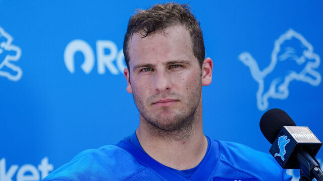ALLEN PARK, MICHIGAN - JULY 29: Sam LaPorta #87 of the Detroit Lions looks on during an interview with the press during Detroit Lions Training Camp at Detroit Lions Meijer Performance Center on July 29, 2026 in Allen Park, Michigan.