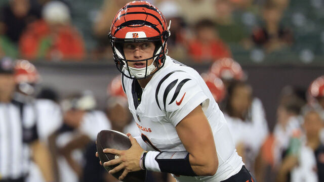 CINCINNATI, OHIO - AUGUST 13: Joe Burrow #9 of the Cincinnati Bengals steps back to pass against the Detroit Lions at Paycor Stadium on August 13, 2026 in Cincinnati, Ohio.