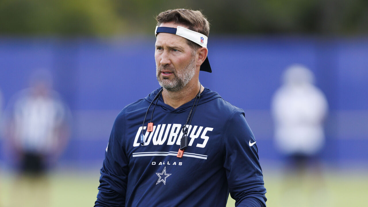 WOODLAND HILLS, CALIFORNIA - AUGUST 11: Brian Schottenheimer of the Dallas Cowboys on the field during joint practice between the Dallas Cowboys and the Los Angeles Rams at Rams Village at Warner Center on August 11, 2026 in Woodland Hills, California.