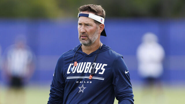 WOODLAND HILLS, CALIFORNIA - AUGUST 11: Brian Schottenheimer of the Dallas Cowboys on the field during joint practice between the Dallas Cowboys and the Los Angeles Rams at Rams Village at Warner Center on August 11, 2026 in Woodland Hills, California.