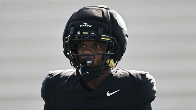 FOUNTAIN , CO - AUGUST 06: Colorado Buffaloes football player Boo Carter (6) takes part in practice at Fountain-Fort Carson Stadium on Thursday, Aug. 6, 2026, in Fountain, Colorado.