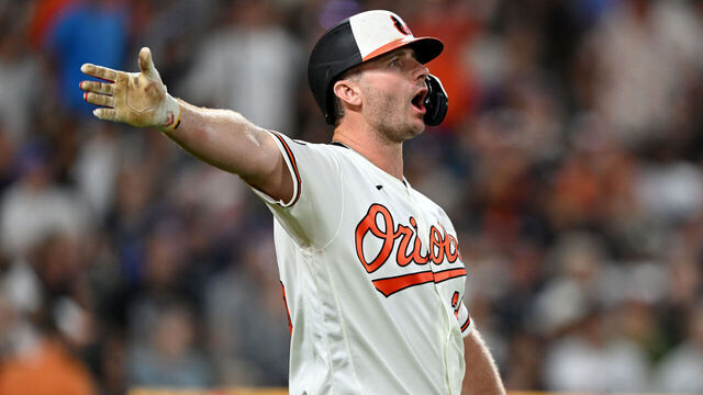BALTIMORE, MARYLAND - AUGUST 19: Pete Alonso #25 of the Baltimore Orioles reacts during a review in the seventh inning against the New York Yankees at Oriole Park at Camden Yards on August 19, 2026 in Baltimore, Maryland. The review resulted in the play being a foul ball.