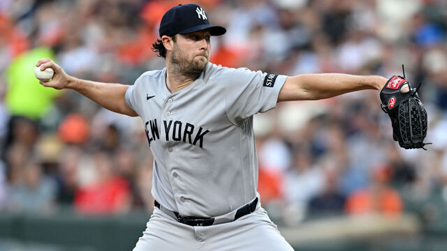 BALTIMORE, MARYLAND - AUGUST 20: Gerrit Cole #45 of the New York Yankees pitches in the first inning against the Baltimore Orioles at Oriole Park at Camden Yards on August 20, 2026 in Baltimore, Maryland.