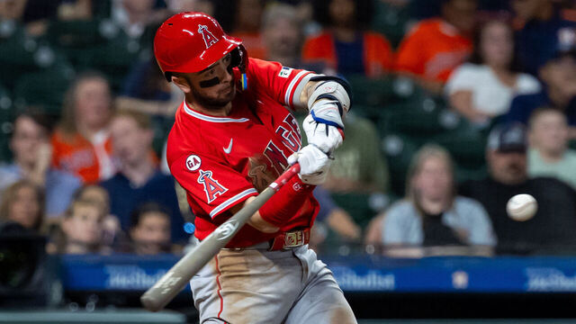 HOUSTON, TEXAS - AUGUST 20: Zach Neto #9 of the Los Angeles Angels hits a home run during the fifth inning against the Houston Astros at Daikin Park on August 20, 2026 in Houston, Texas.