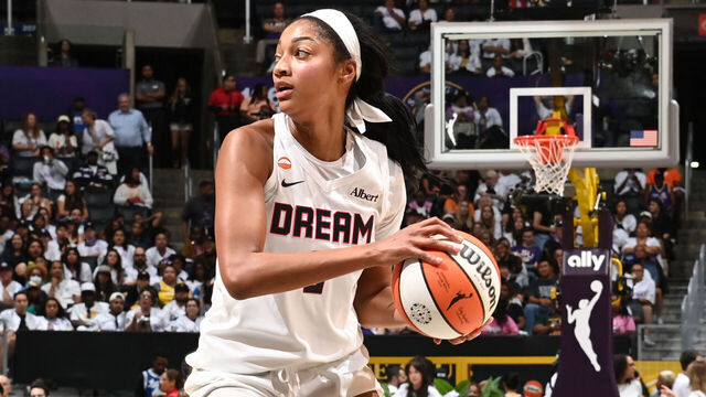 LOS ANGELES, CA - AUGUST 20: Angel Reese #5 of the Atlanta Dream looks to pass the ball during the game against the Los Angeles Sparks on August 20, 2026 at Crypto.com Arena in Los Angeles, California. NOTE TO USER: User expressly acknowledges and agrees that, by downloading and/or using this Photograph, user is consenting to the terms and conditions of the Getty Images License Agreement. Mandatory Copyright Notice: Copyright 2026 NBAE