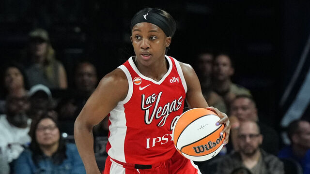 LAS VEGAS, NV - AUGUST 20: Jackie Young #0 of the Las Vegas Aces dribbles the ball during the game against the Connecticut Sun on August 20, 2026 at Michelob ULTRA Arena in Las Vegas, Nevada. Mandatory Copyright Notice: Copyright 2026 NBAE