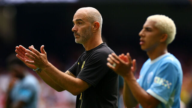 CARDIFF, WALES - AUGUST 16: Manchester City manager Enzo Maresca applauds the supporters at full-time following the 2026 FA Community Shield match between Arsenal and Manchester City at Principality Stadium on August 16, 2026 in Cardiff, Wales.