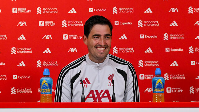 KIRKBY, ENGLAND - AUGUST 21: (THE SUN OUT, THE SUN ON SUNDAY OUT) Andoni Iraola head coach of Liverpool during a press conference at AXA Training Centre on August 21, 2026 in Kirkby, England.