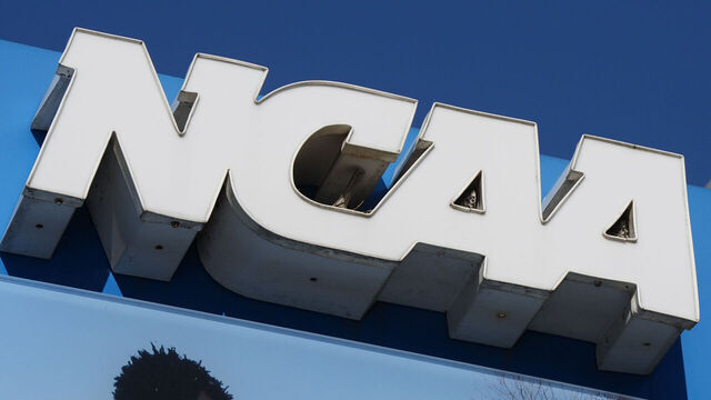 INDIANAPOLIS, INDIANA - APRIL 06: The NCAA logo is shown at the NCAA's National Headquarters before the National Championship of the 2026 NCAA Men's Basketball Tournament between the Michigan Wolverines and the Connecticut Huskies at Lucas Oil Stadium on April 06, 2026 in Indianapolis, Indiana.