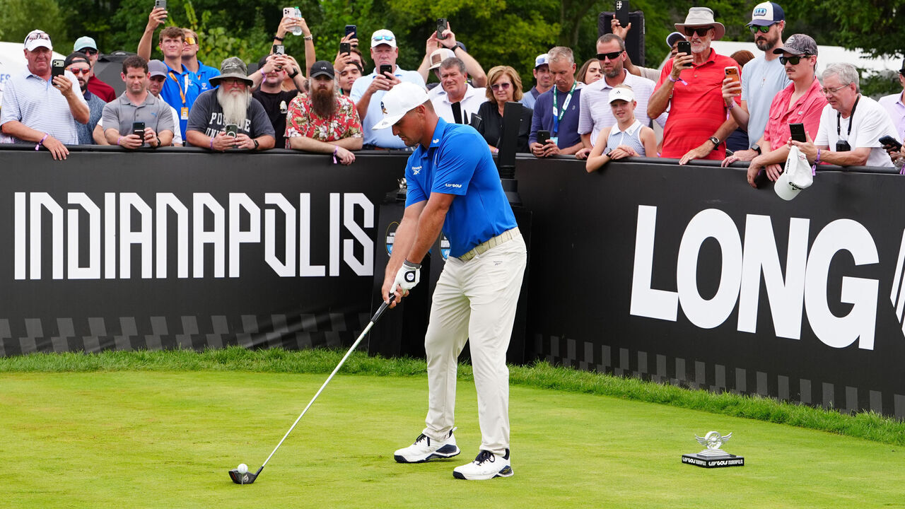 WESTFIELD, IN - AUGUST 20: LIV golfer Bryson DeChambeau plays his tee shot on the first hole on August 20, 2026, during the first round of LIV Golf Indianapolis at The Club at Chatham Hills in Westfield, Indiana.