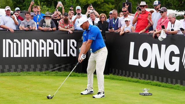 WESTFIELD, IN - AUGUST 20: LIV golfer Bryson DeChambeau plays his tee shot on the first hole on August 20, 2026, during the first round of LIV Golf Indianapolis at The Club at Chatham Hills in Westfield, Indiana.