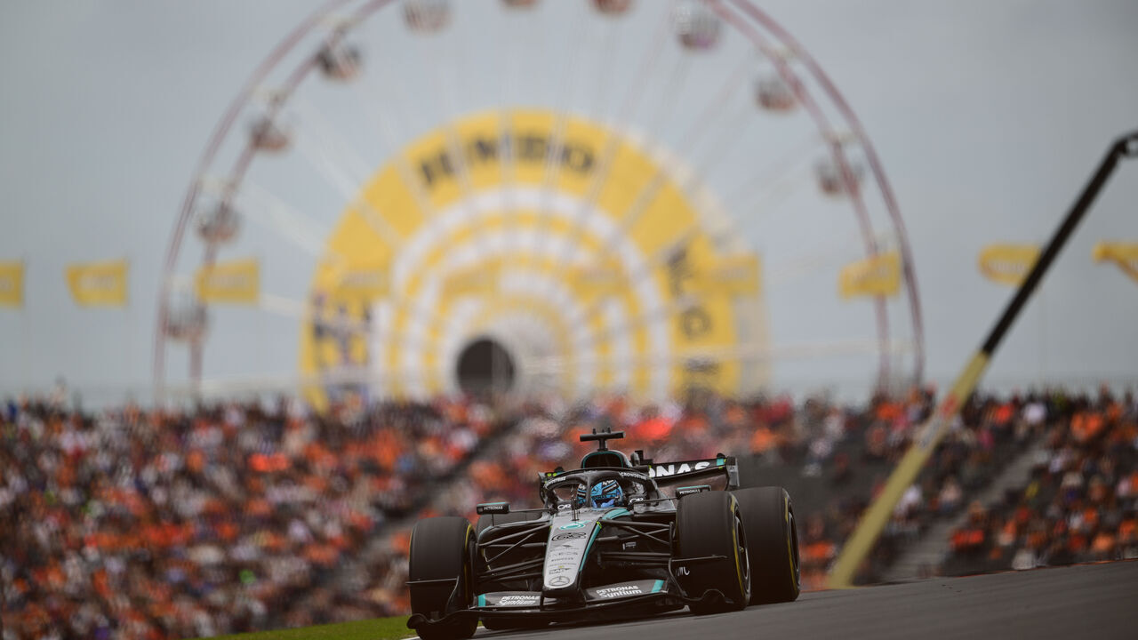 George Russell of Mercedes-AMG Petronas driving during free practice of Formula 1 Dutch GP at Zandvoort Circuit in Zandvoort, Netherlands, on August 21, 2026.