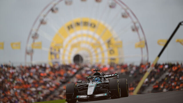 George Russell of Mercedes-AMG Petronas driving during free practice of Formula 1 Dutch GP at Zandvoort Circuit in Zandvoort, Netherlands, on August 21, 2026.