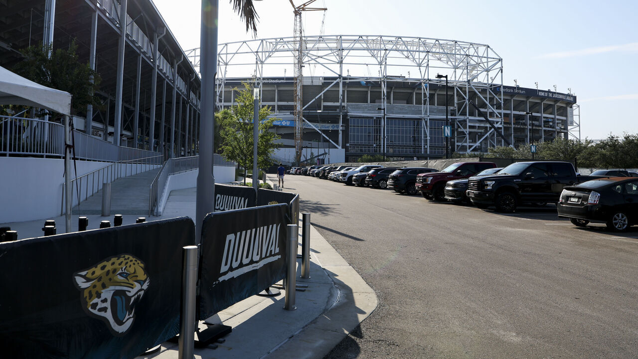 JACKSONVILLE, FLORIDA - AUGUST 18: A general view of Everbank Stadium under construction during training camp at Miller Electric Center on August 18, 2026 in Jacksonville, Florida.