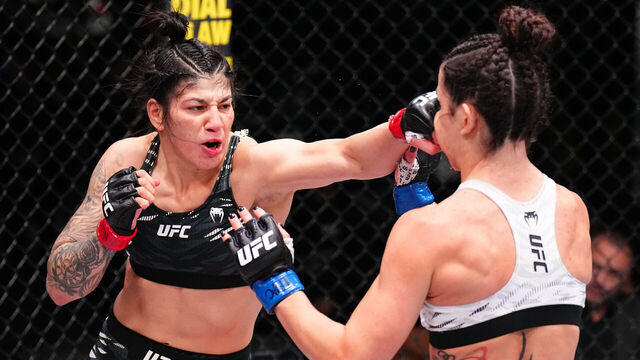 LAS VEGAS, NEVADA - NOVEMBER 01: (L-R) Ketlen Vieira of Brazil punches Norma Dumont of Brazil in a bantamweight fight during the UFC Fight Night event at UFC APEX on November 01, 2025 in Las Vegas, Nevada.
