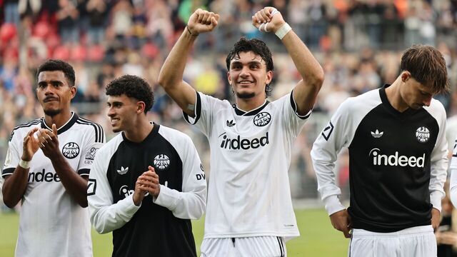 KREFELD, GERMANY - AUGUST 21: Can Uzun of Eintracht Frabnkfurt celebrates after winning the DFB Cup 2026/27 match between SC St. Tönis 11/20 and Eintracht Frankfurt at Grotenburg Stadion on August 21, 2026 in Krefeld, Germany.