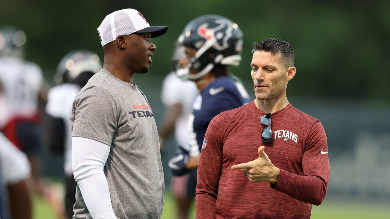 HOUSTON, TEXAS - JUNE 05: Head coach DeMeco Ryans of the Houston Texans talks with general manager Nick Caserio during mandatory minicamp at Houston Methodist Training Center on June 05, 2024 in Houston, Texas.