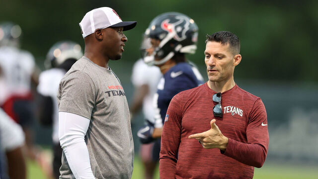 HOUSTON, TEXAS - JUNE 05: Head coach DeMeco Ryans of the Houston Texans talks with general manager Nick Caserio during mandatory minicamp at Houston Methodist Training Center on June 05, 2024 in Houston, Texas.
