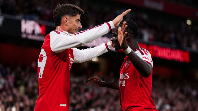 Arsenal's Kai Havertz celebrates scoring the opening goal with Bukayo Saka during the Premier League match at the Emirates Stadium, London. Picture date: Friday August 21, 2026.