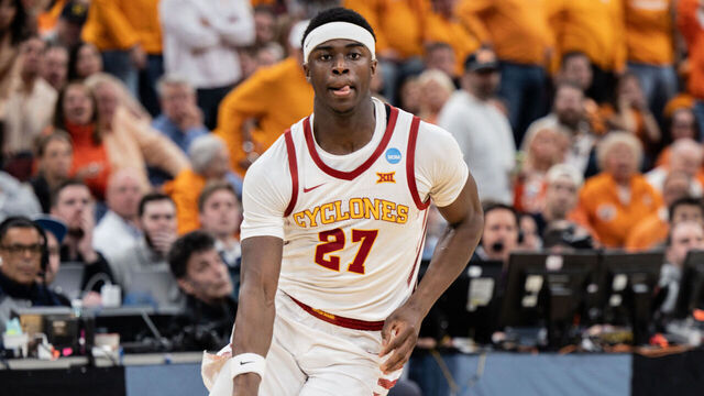 CHICAGO, ILLINOIS, UNITED STATES - 2026/03/27: Killyan Toure of the Iowa State Cyclones in action against the Tennessee Volunteers in the Sweet 16 round of the NCAA Men's Basketball Tournament at the United Center in Chicago, Illinois. Final score: Tennessee 76, Iowa State 62.