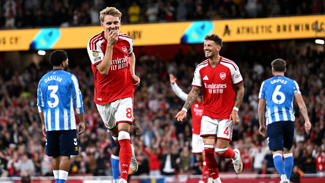 LONDON, ENGLAND - AUGUST 21: Martin Odegaard of Arsenal celebrates scoring his team’s third goal during the Premier League 2026/27 match between Arsenal FC and Coventry City at Emirates Stadium on August 21, 2026 in London, England.