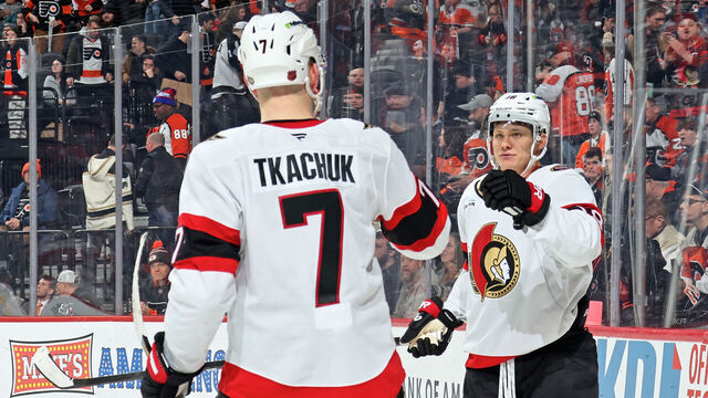 PHILADELPHIA, PENNSYLVANIA - FEBRUARY 05: Tim Stutzle #18 of the Ottawa Senators celebrates his game-winning goal in overtime against the Philadelphia Flyers with Brady Tkachuk #7 at the Xfinity Mobile Arena on February 5, 2026 in Philadelphia, Pennsylvania. The Senators went on to defeat the Flyers 2-1 in overtime.
