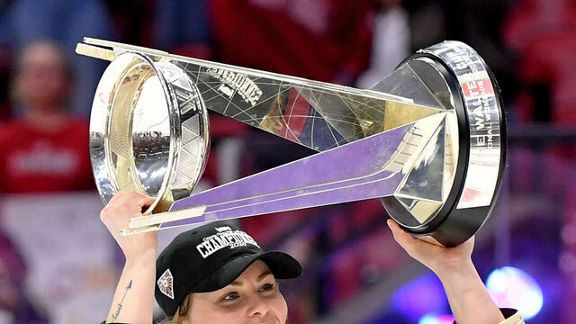 OTTAWA, ONTARIO - MAY 20: Catherine Dubois #28 of the Montreal Victoire raises The Walter Cup after the Montreal Victoire defeated the Ottawa Charge in Game 4 of the PWHL Walter Cup Final at Canadian Tire Centre on May 20, 2026 in Ottawa, Ontario.
