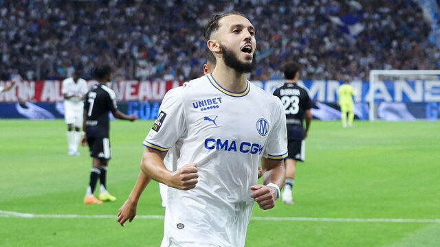 Marseille's Algerian forward #09 Amine Gouiri celebrates after scoring his team's second goal from the penalty spot during the French L1 football match between Olympique de Marseille (OM) and RC Strasbourg Alsace at the Stade Velodrome in Marseille, south-eastern France on August 21, 2026.
