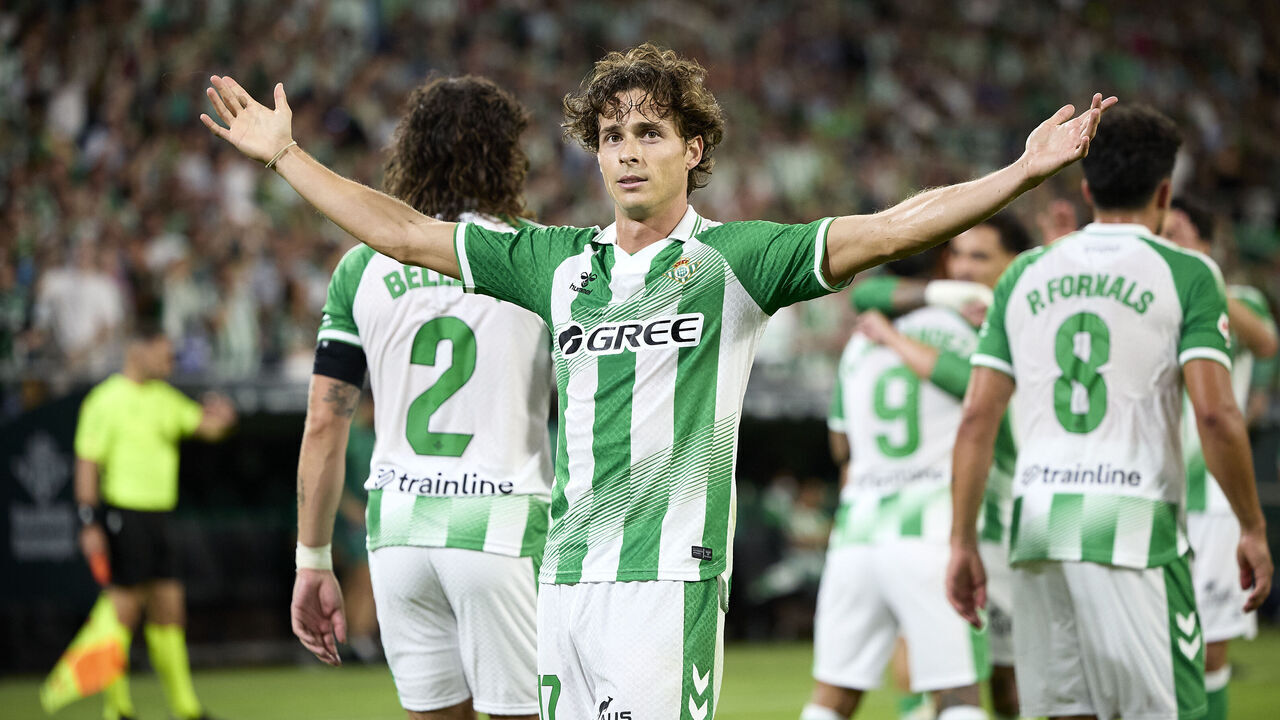 SEVILLE, SPAIN - AUGUST 21: Rodrigo Riquelme of Real Betis celebrates after scoring their side's first goal during the LaLiga EA Sports 2026/27 match between Real Betis Balompie and Real Sociedad at Estadio La Cartuja on August 21, 2026 in Seville, Spain.
